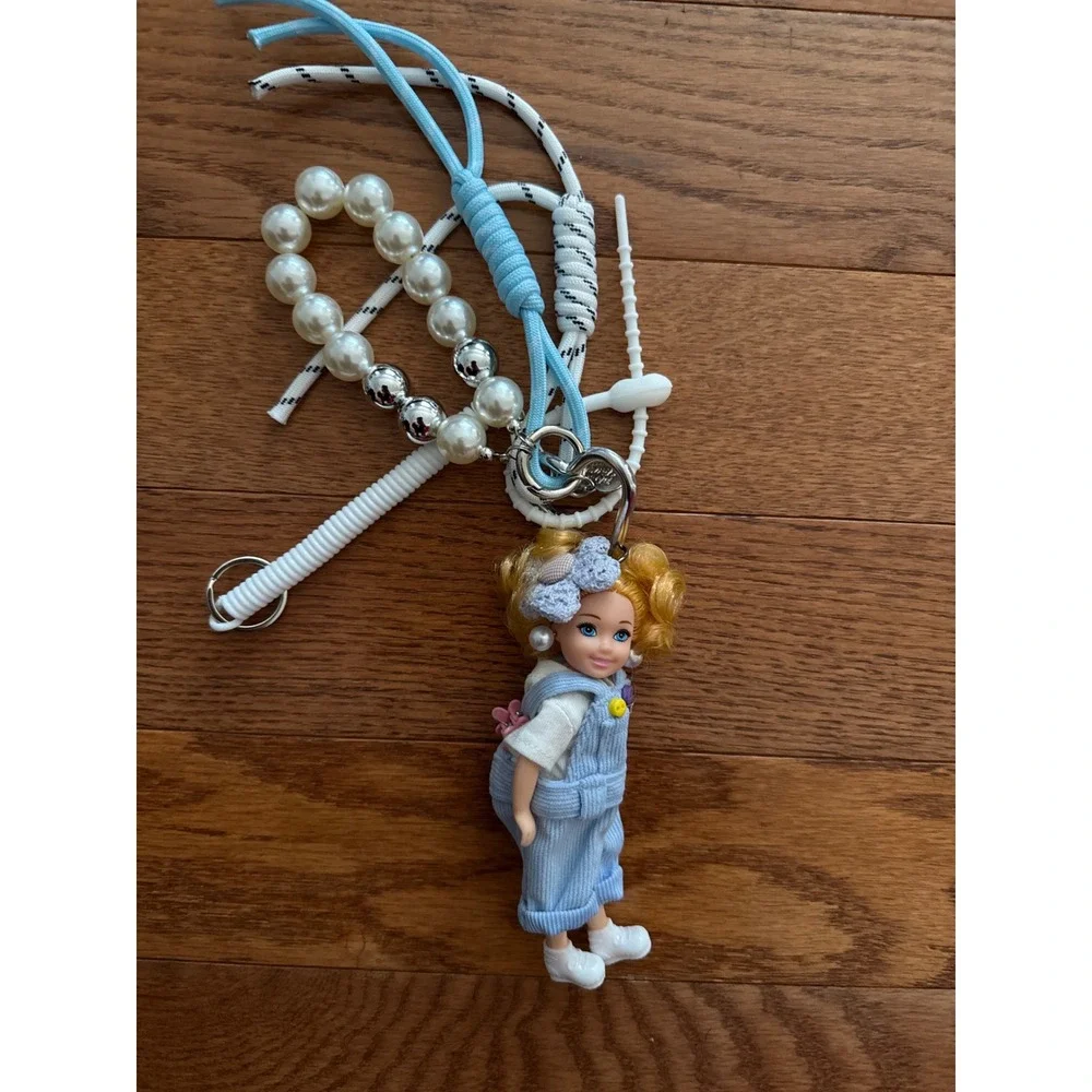 Mezzo Piano Doll Keychain Blue Corduroy Overalls Pearl Paracord Bag‎ Charm Y2K